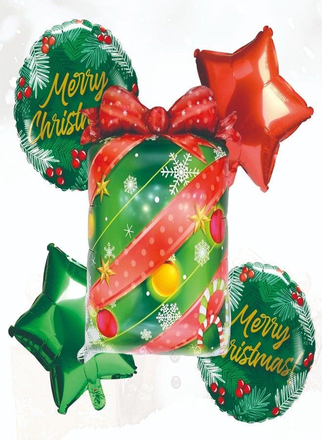 YOURS DECOR Christmas theme foil balloons set, pak of 5 pcs for chrsitmas decoration, santa theme decor, Xmas celebration, home decoration items (Green Gift foil) - Image 1